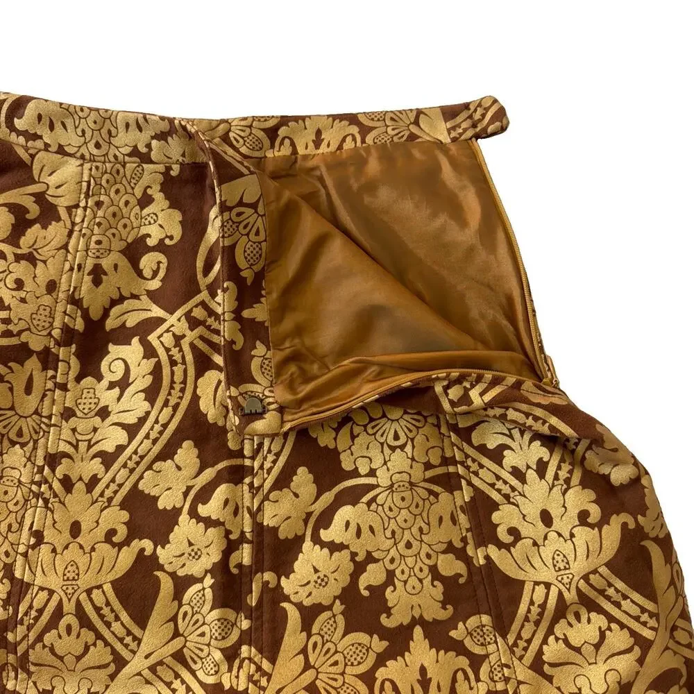 Yoana Baraschi Midi Skirt 2 Brown Gold Damask Brocade Jacquard A Line Holiday